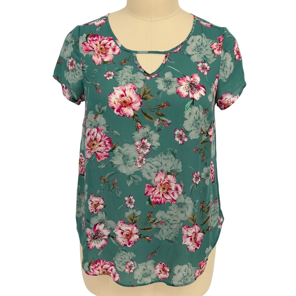 Torrid Blouse Teal Pink Floral Keyhole Neck Short Sleeve Top Size 0